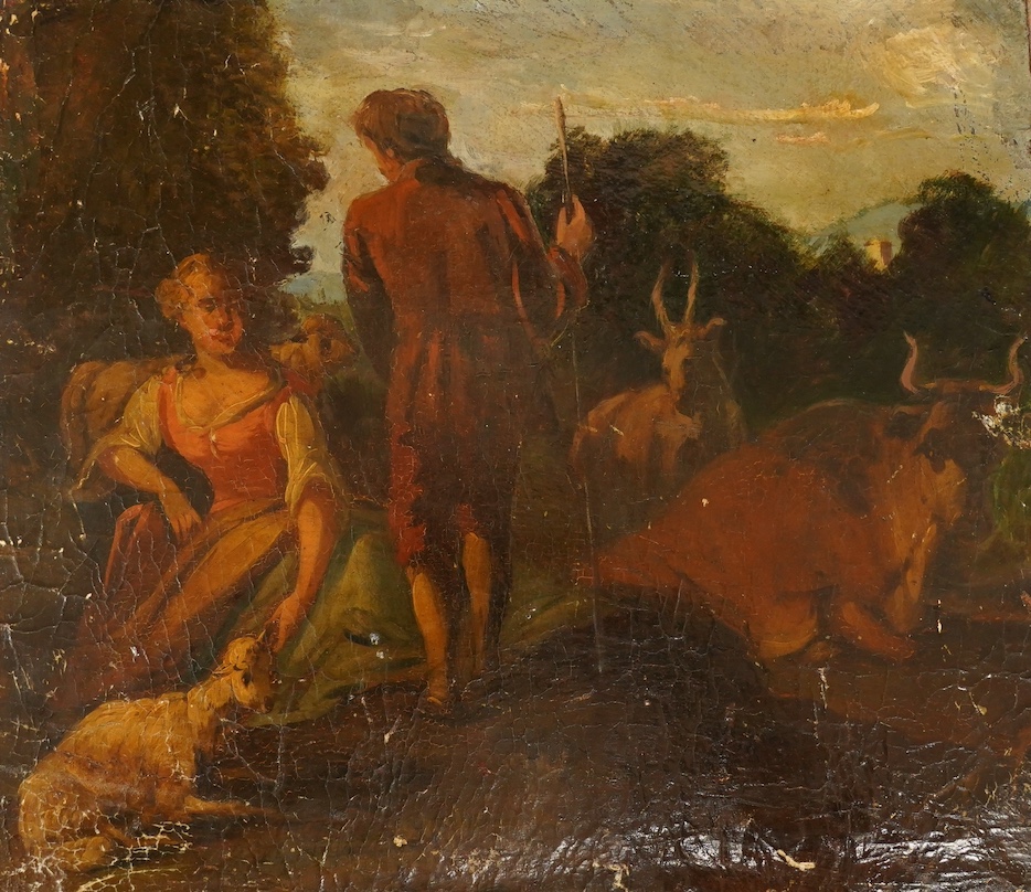Italian School, oil on board, Figures and cattle before a landscape, 31 x 36cm, unframed. Condition - poor
